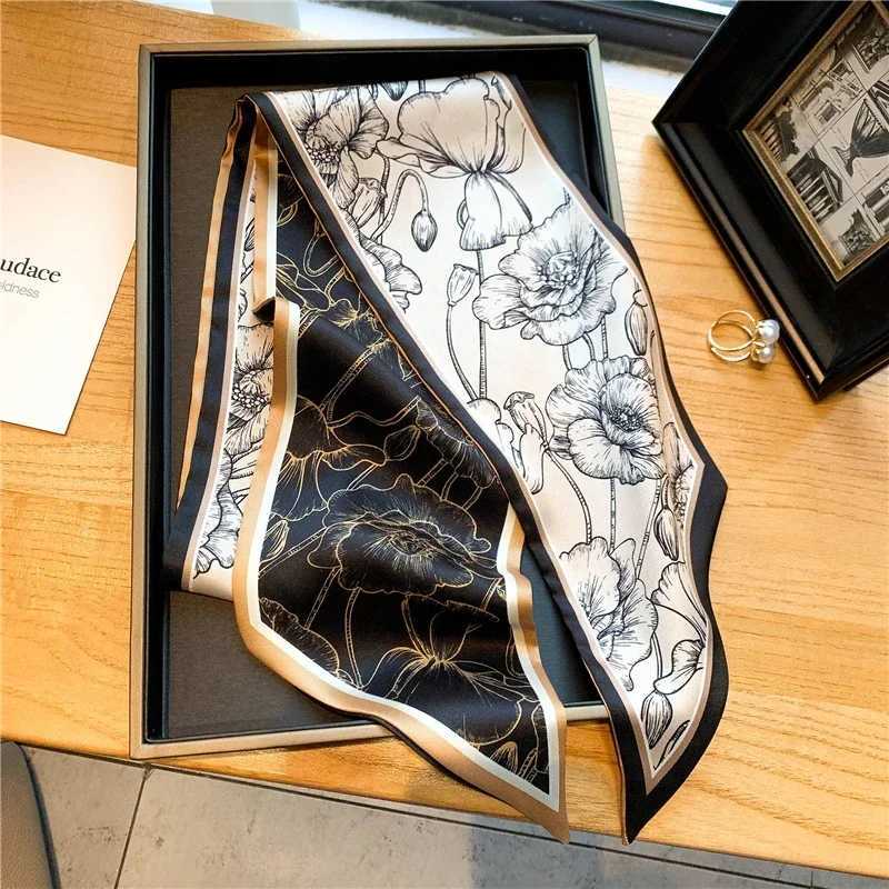 2024 Fashion Flower Printed Silk Scarf Womens Thin Neck Long Scarf Narrow Office Womens Shawl Bandanas Womens Thin Hair W250107