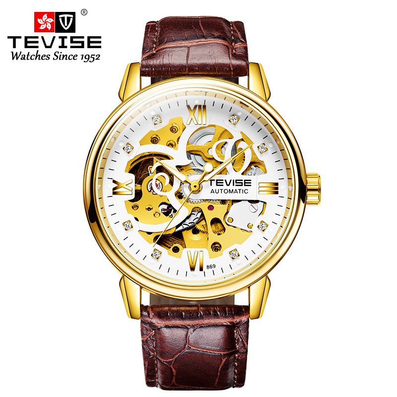 TEVISE New Style Business Fashion Men's Automatic Mechanical Watch with Leather Strap Hollow out Wrist Watch T034-T869