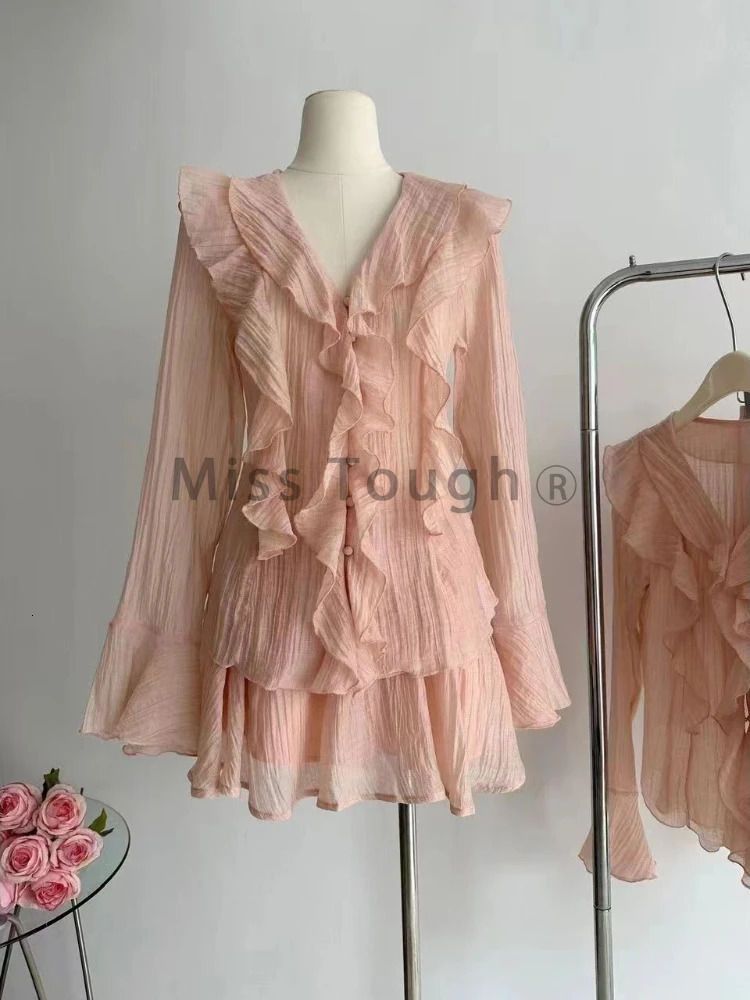 Fashion Sweet Slim V-neck 2-piece set for women elegant long sleeved pleated top for women with elastic waist and A-line dress 250106