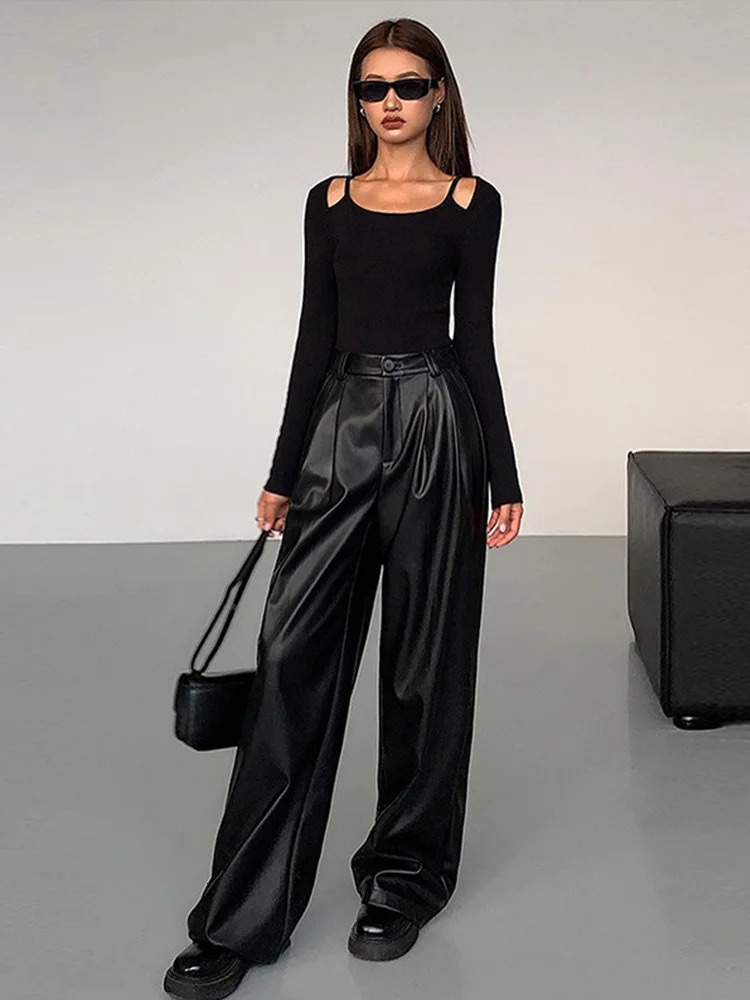 Vintage PU Leather Pants Women Loose Zipper High Waist Wide Leg Trousers Female 2025 Early Spring Fashion Lady Streetwears 250106