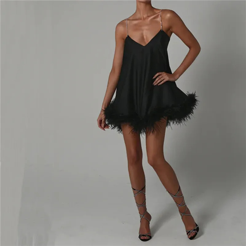 Women Spaghetti Strap Mini Dress with Diamond Straps Fur Trim Bodycon Short Sexy Feather Slip Cocktail Club Party 250103