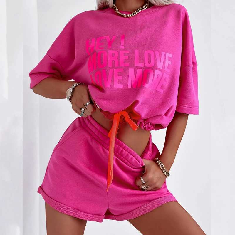 2024 Summer New Womens Casual Sports Suit Crewneck Letter Print Lace-up Short Sve Casual ShortsFe Ele 2-Piece SetXJ250106