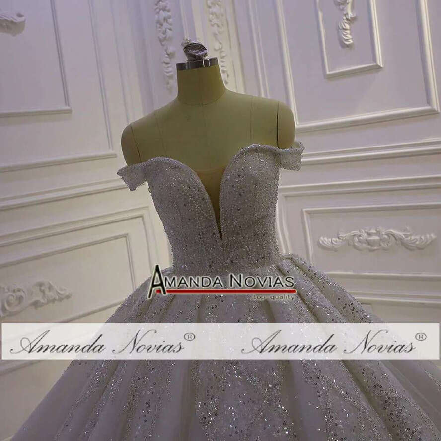 V-Neck Off The Shoulder Sequin Wedding Dress