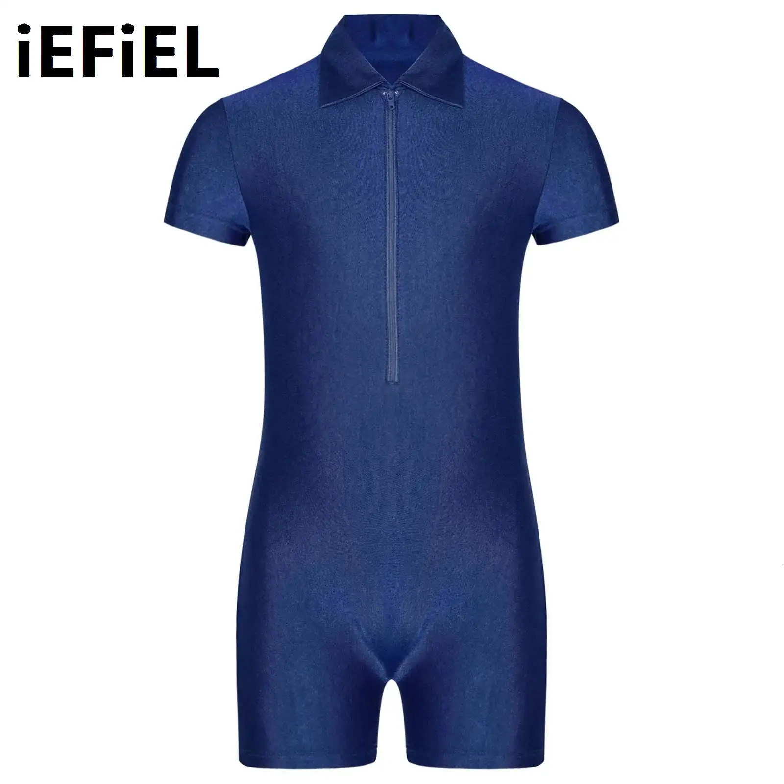 Kids Boys Gymnastics Leotard Zipper TurnDown Collar Short Sleeve Jumpsuit for Training Performance Competition 241230