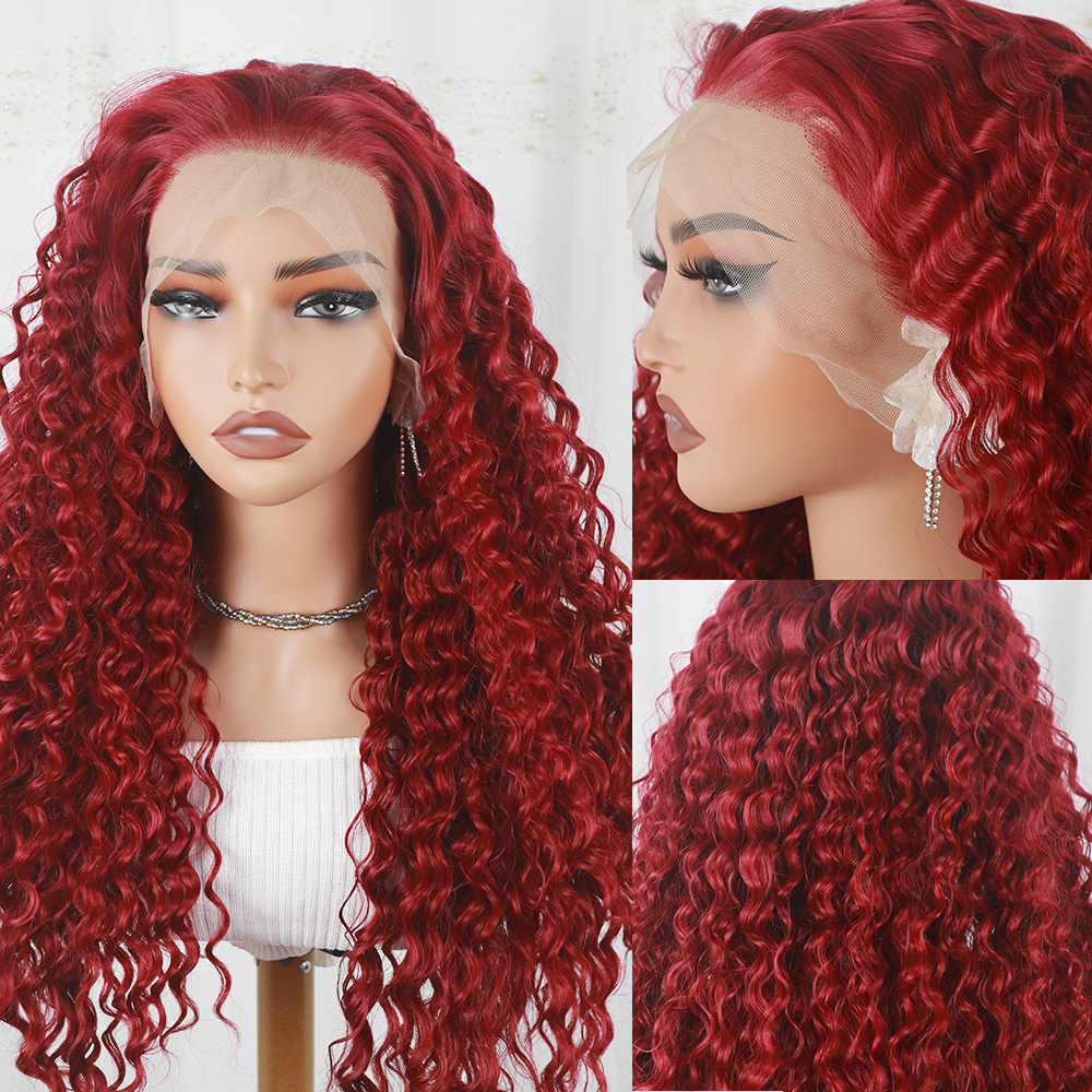 13x4Lace Front Red Deep Wave Wig Fashion Dark Root Realistic Curly Heat Resistant Fiber Look Like Human Hair