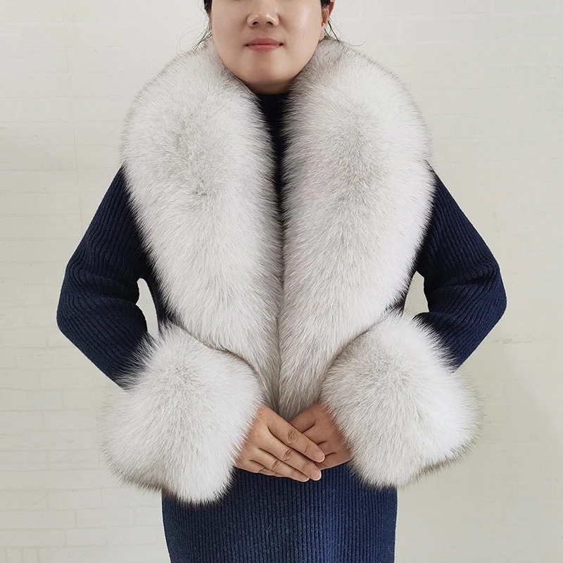 Winter Real Fox Fur Collar Cuffs Set Neck Warmer Fur Scarves Shawls Natural Fox Fur Collar Scarf Women Men Coat Warm Accessories 250106