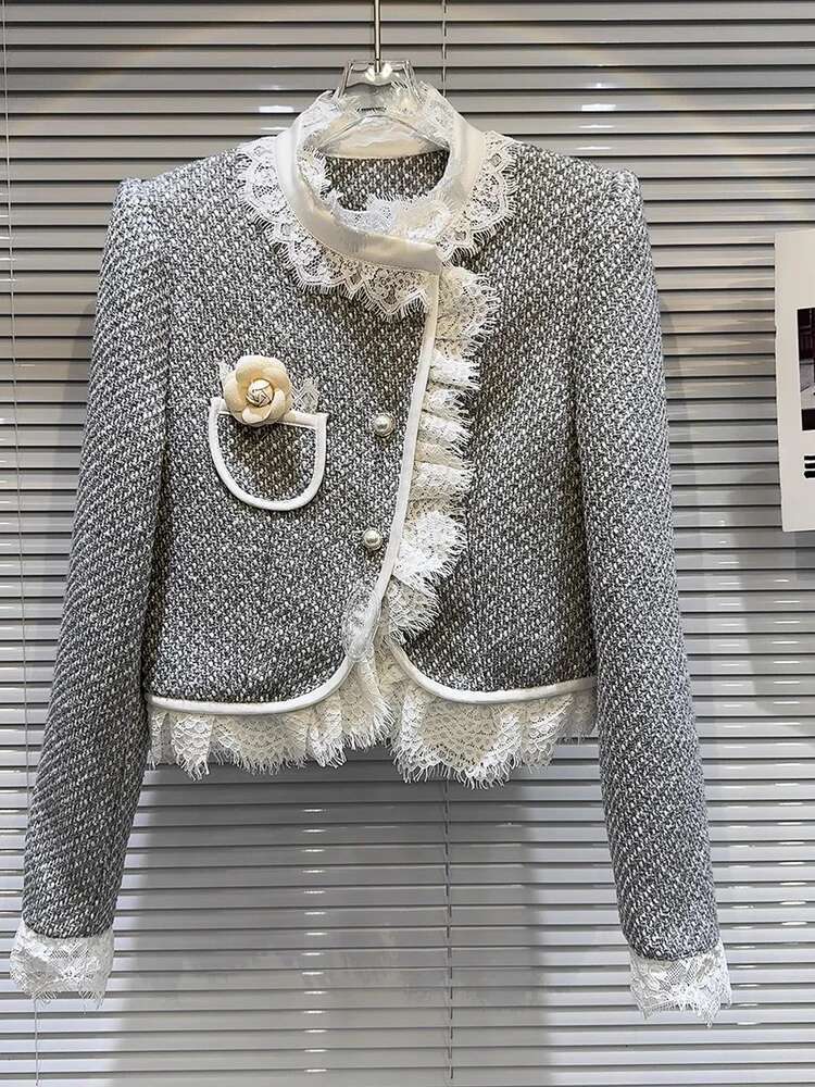 HIGH STREET Newest F/W 2024 Designer Fashion Women Splicing Lace Tweed Short Jacket