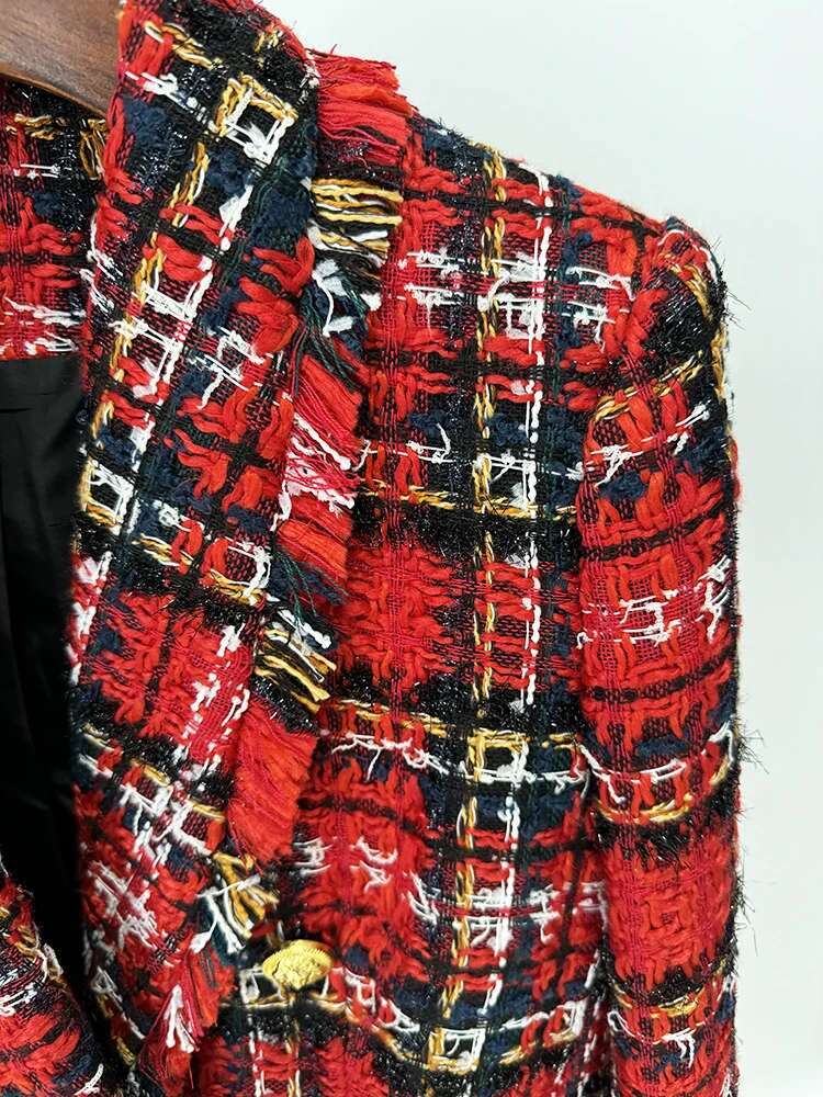 HIGH STREET Newest Fashion 2024 F/W Designer Women's Double Breasted Plaid Fringed Tweed Jacket