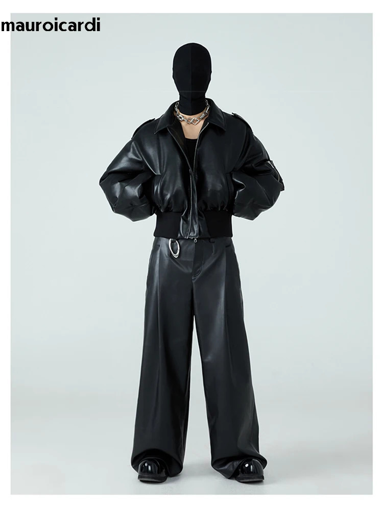Mauroicardi Autumn Winter Short Thick Warm Black Pu Leather Jacket Men with Long Sleeve Zipper Casual er Clothes 250106ww