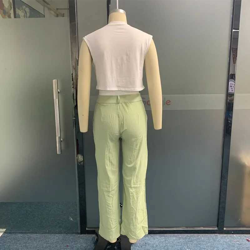 Wefads Women Two Piece Set Summer Casual Simple Solid Round Neck Sveless Tank Loose With Pocket Pants Sets High StreetwearXJ250106