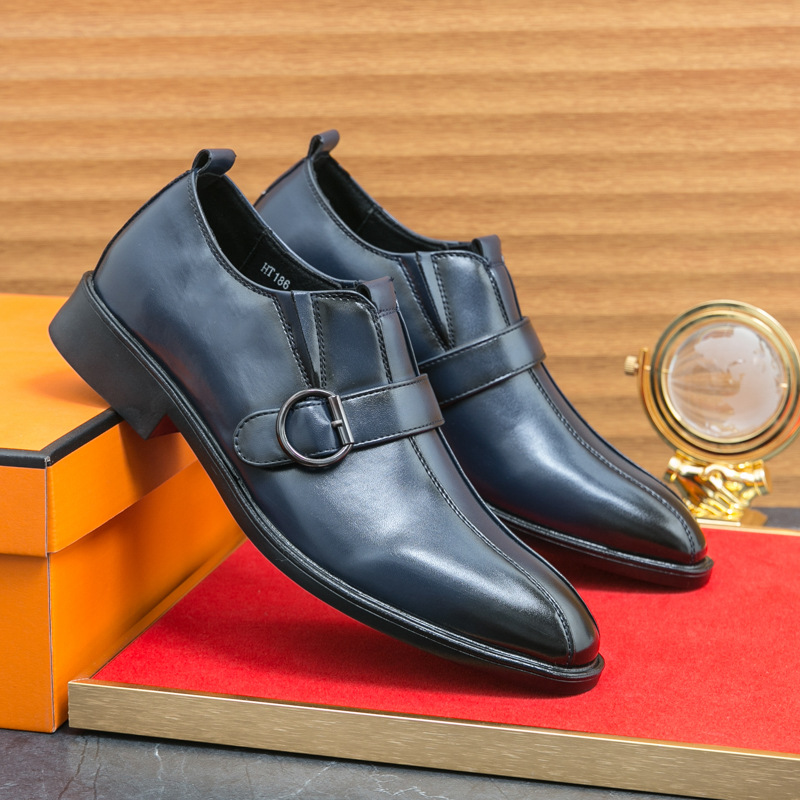 Men Dress Shoes Pointed Toe Leather Shoes Trendy British Style Business Formal Wear Wedding High-end Triple Black Brown Blue Free shipping
