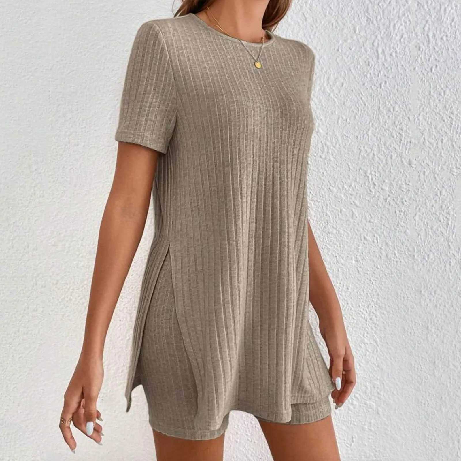 Summer Clothes Two Piece Set 2024 WomenS Vacantio Fashion Casual Suit Solid Color Summer Shorts And Tops New In Matching SetsXJ250106