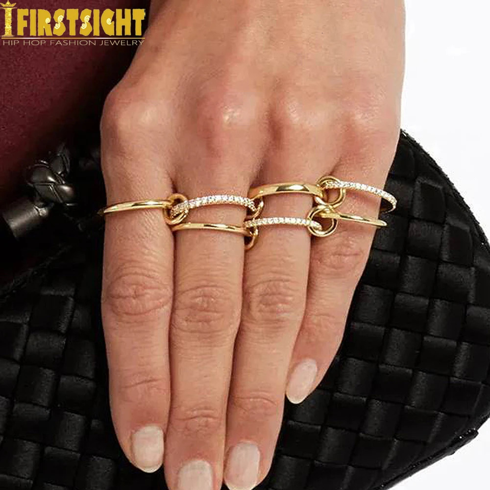 2025 Iced Out 4-piece Connecting Finger Ring Two Ton Golden Zircon Ring 250106