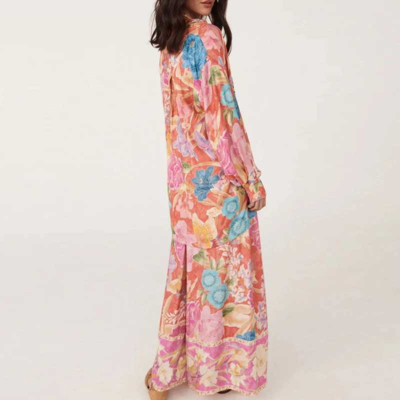 Lady Button Shirt and Long Pants Holiday Outfit Casual Floral Print Womens Two Piece Set Spring Summer 2025 Bohemian Loose SuitXJ250106