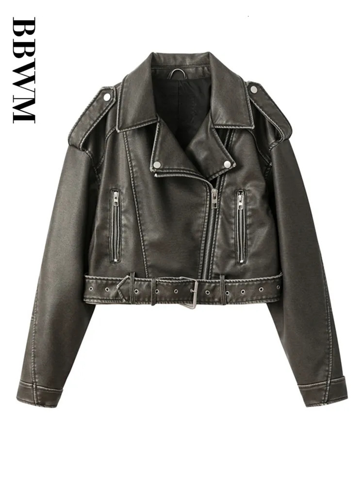 TRAF PU Retro Zipper Belt Motorcycle Street Womens Jacket Spring Chic Short Long Sleeve Slim Fit Female Tops 250107