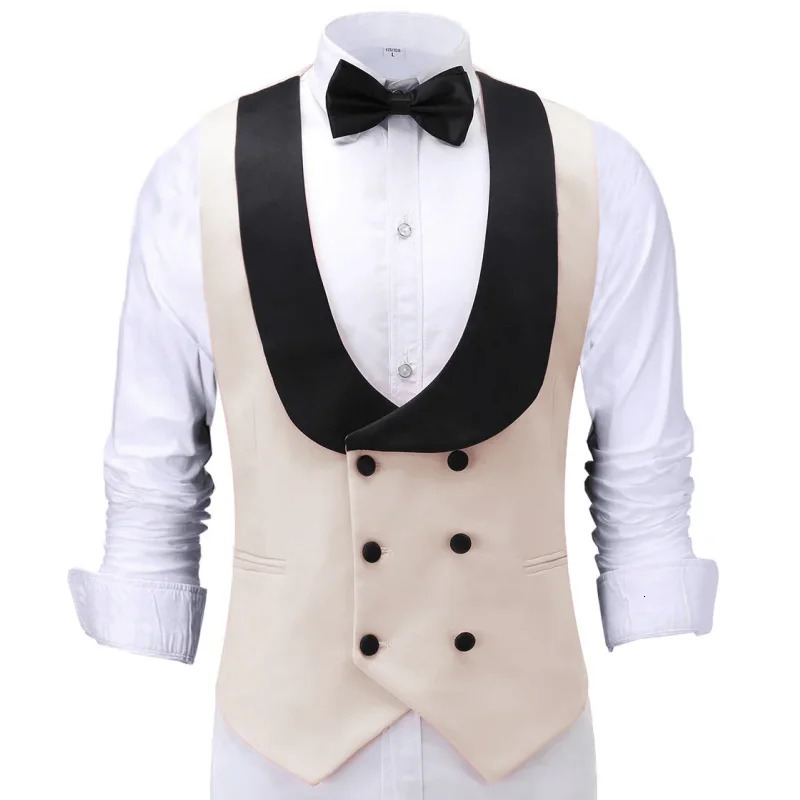 Men Vest Beige With Black Lapel Double Button Waistcoat For Banquet Birthday Wedding Business Work Formal Set Suit 250107