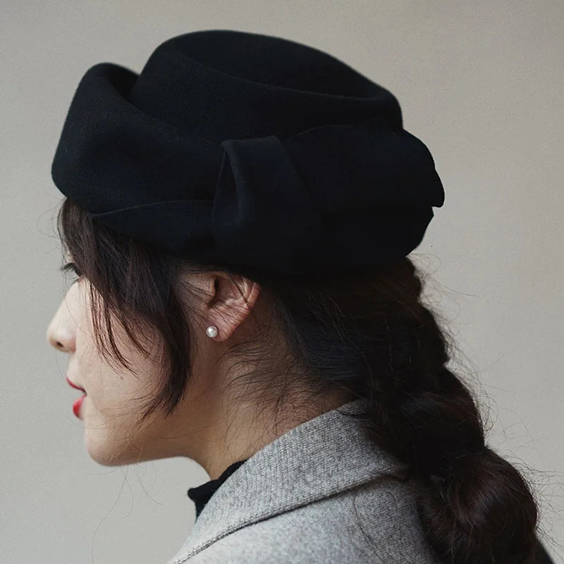 Elegant Wool Fascinator Hat Women Fedoras Church Hats Ladies Wedding Hat Felt Bow Berets Caps Pillbox Hat Chapeau 250106