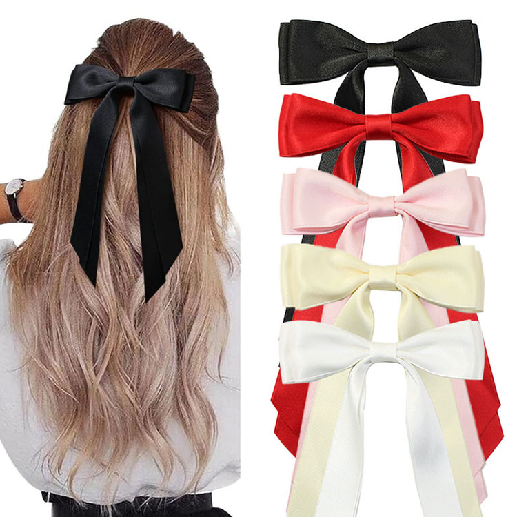Fashion Girls 4CM Double Bows Hairpins Hairclip Ins Kids Satin Bow Long Ribbon Hair Clip Polyester Cotton Duckbill Clip Princess Barrettes Accessories