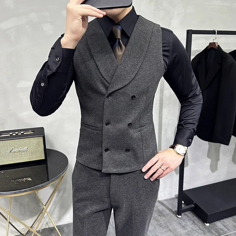 y DoubleBreasted Men Suit Vest Elegant Business Formal Slim Fit Male Waistcoat Wedding Groom Gentleman Vests Jacket Man 250107