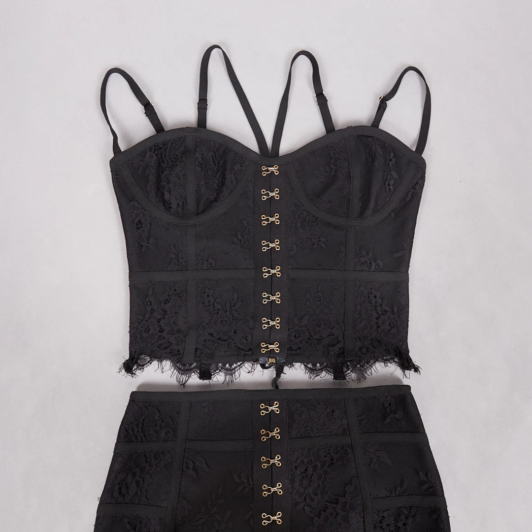 Ailigou Summer Womens Black Sexy Tight Handmade Lace Top and Skirt Party Set 250106