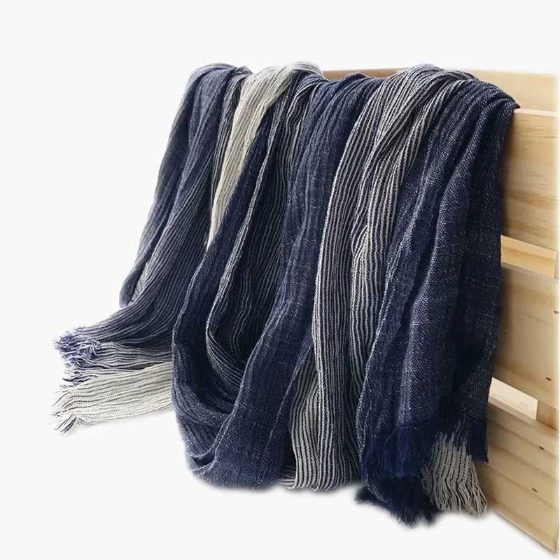 Fashion Simple Classic Scarf for Mens Autumn Solid Color Stripe Pattern Cotton Blended Silk Scarf for Mens Shawl W250107
