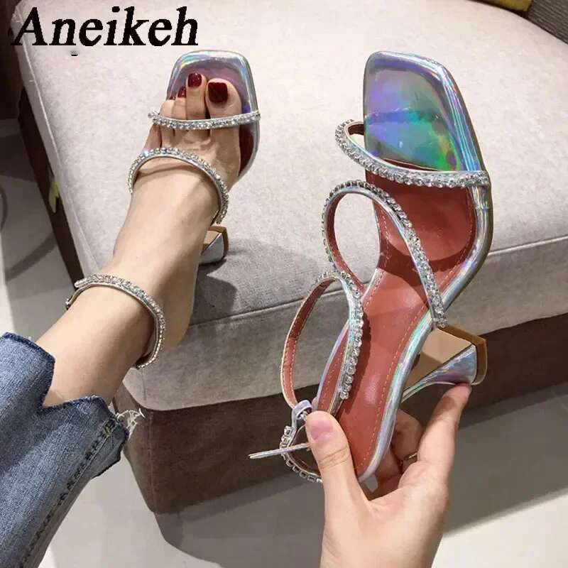Aneikeh Women's Shiny Rhie High Heels Sandal 2024 Summer Fashion Sexy PU Square Head Kitten Heel Party Dress Shoes 35-41