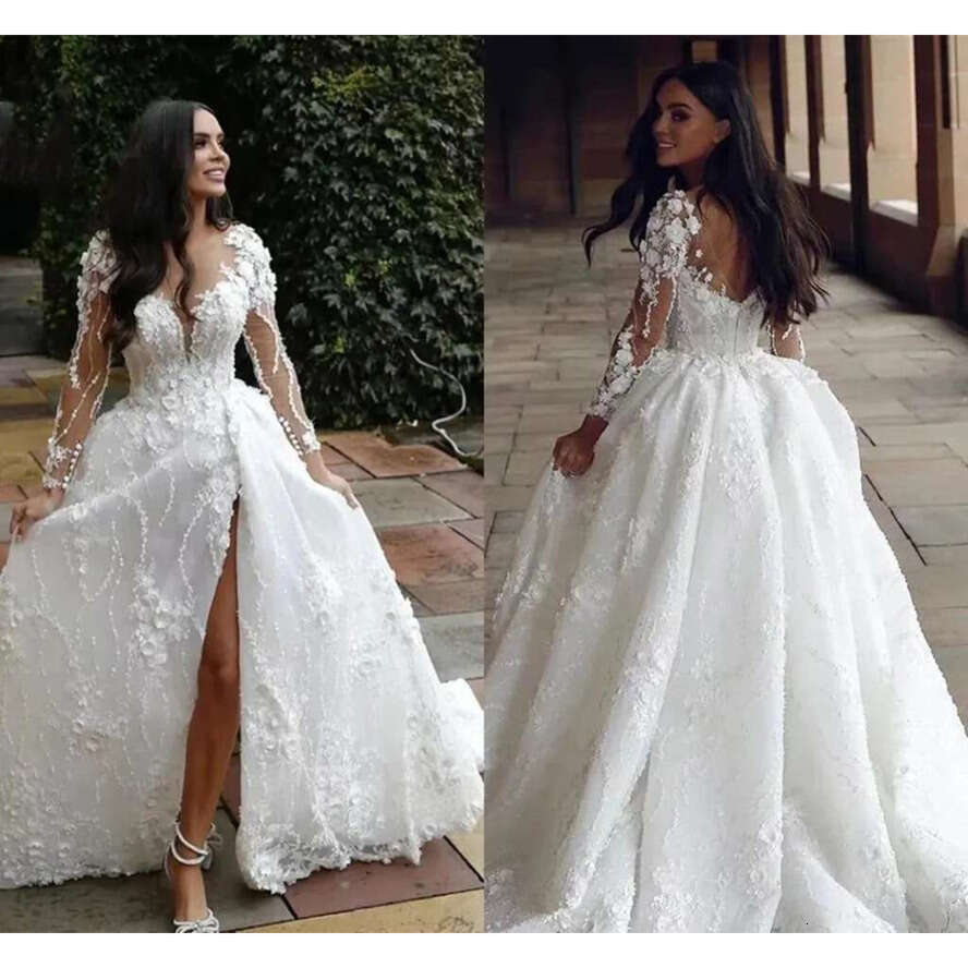 Stic Arabic Dubai Lace Tulle Wedding Dresses A E Sleeves Sheer Neck Appliques Beads Long Bridal Gowns With Split Front Custom Robes De Mariage Bc18324