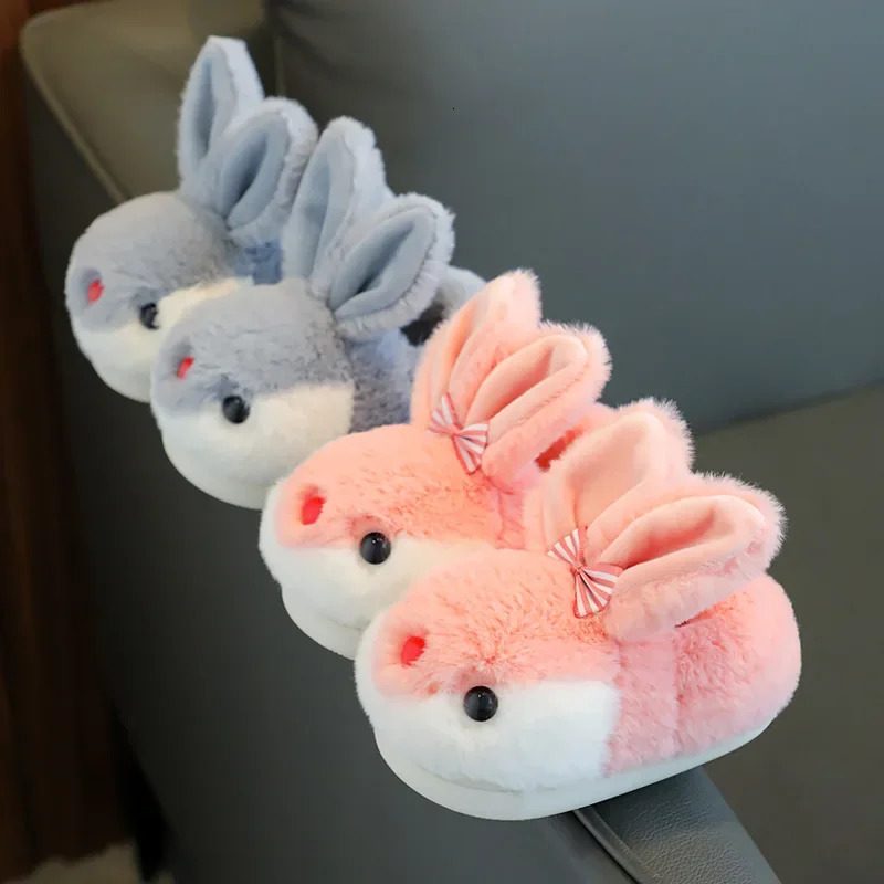 Cute Girls Rabbit Slippers Kids Winter Shoes Warm Fluffy Plush Children Causal Fashion Cotton Slippers Soft Bottom Boys Flats 250106