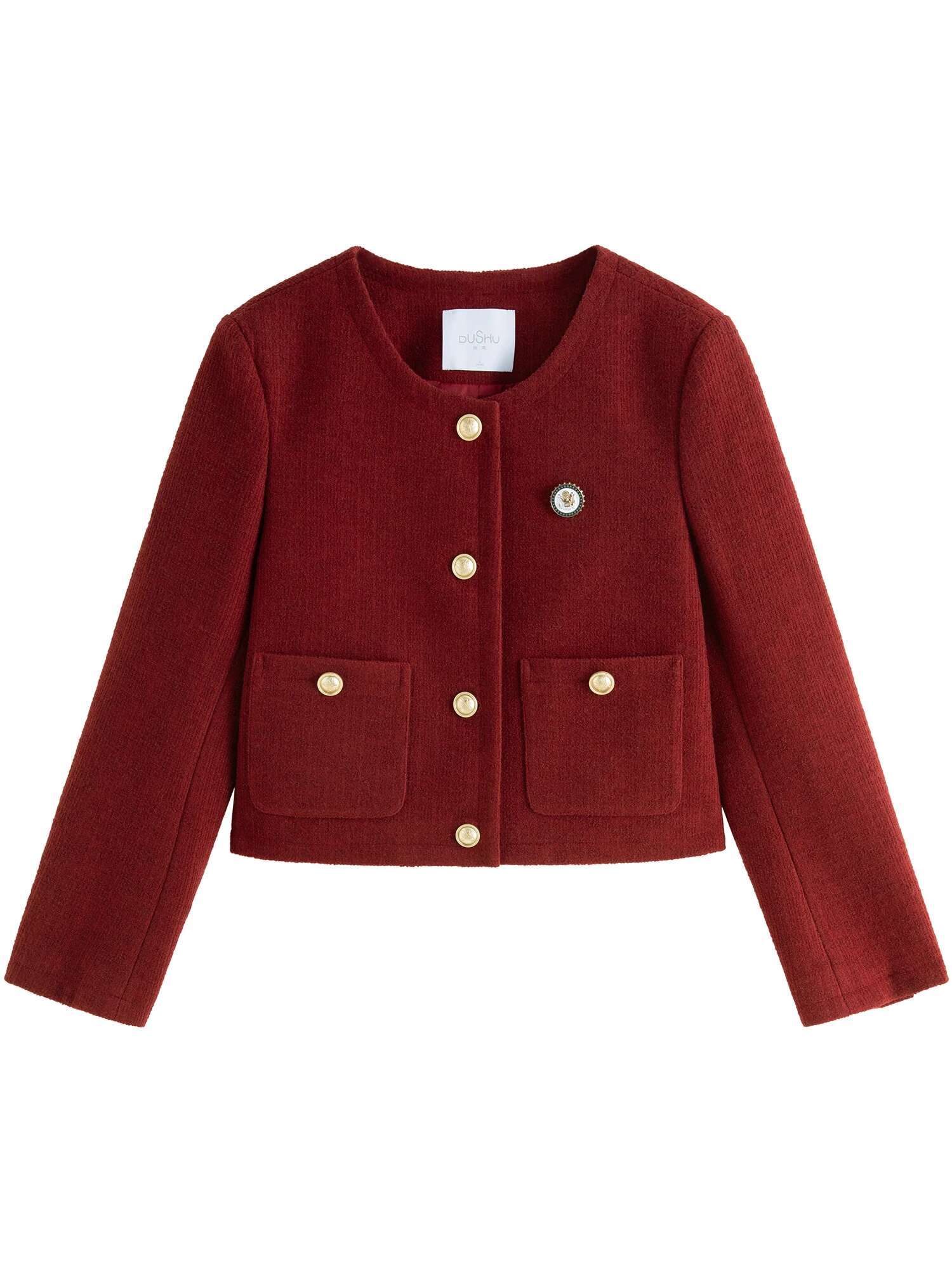 DUSHU Women Red Jackets Round Neck Single Breasted New Navy Blue Female Winter Thicken Tweed Coats 24Ds84286