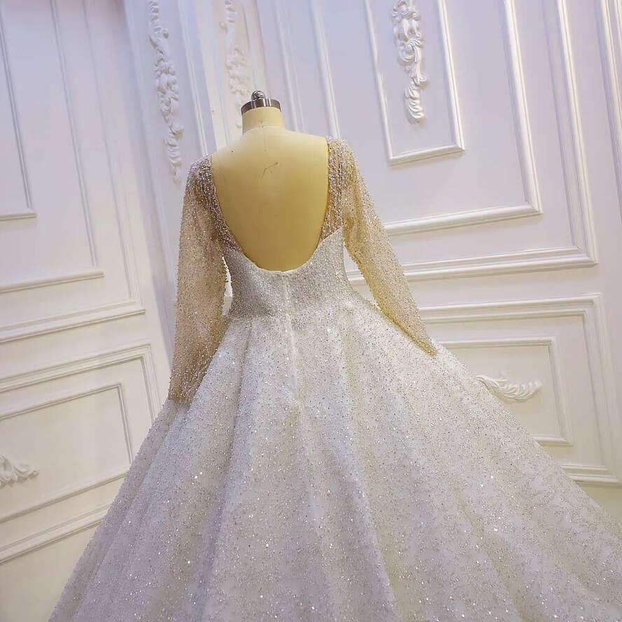 Stunning Full Pearls Long Sleeve Low Back Ball Gown Bridal Wedding Dress