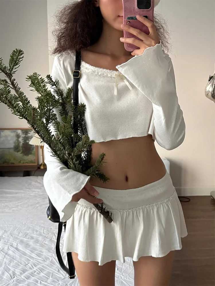 Absobe Y2K Agaric Laces Mini Skirt Set Women Flare Long Sve Crop Top A-Line Pleated Short Skirt 2 Piece Set Hottie SteetwearXJ250106