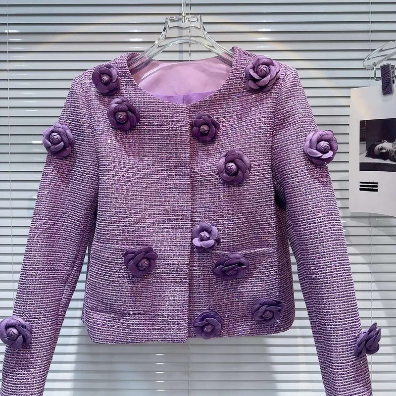 Purple Tweed Jacket Three Dimensional Wer Round Collar Long Sleeve Ladies Short Coat Retro 2024 Autumn Fashion Elegant