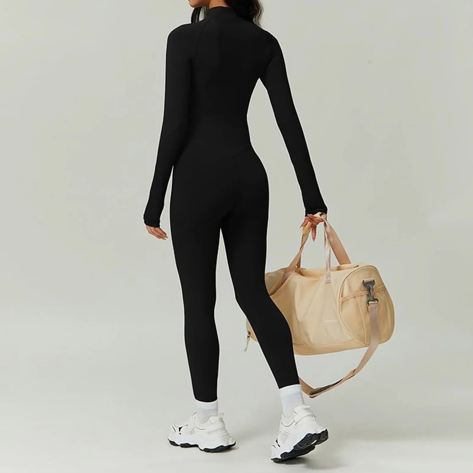 Black Slim Fleece Lined Women Bodysuit Autumn Winter Warm Long Sleeve Full Zip Turtleneck Tight Jumpsuit Sport Fitness Rompers 250206