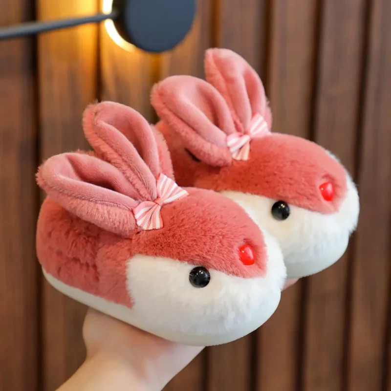 Cute Girls Rabbit Slippers Kids Winter Shoes Warm Fluffy Plush Children Causal Fashion Cotton Slippers Soft Bottom Boys Flats 250106