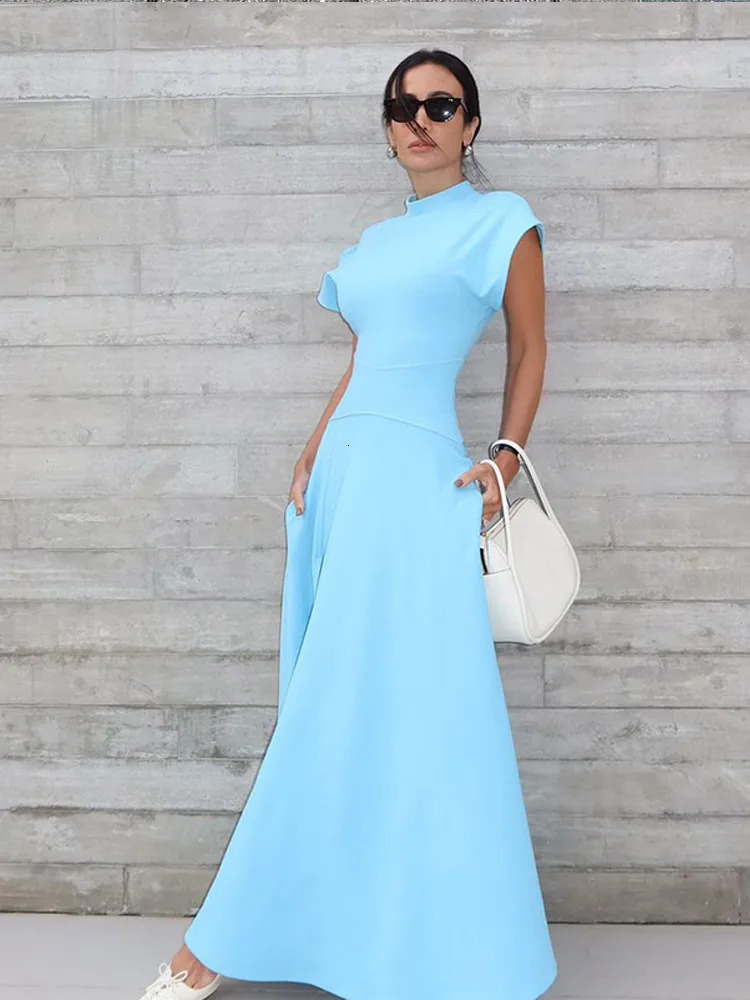 Elegant Blue Shoulder Pad Short Sleeve Maxi Dress Women Fashion High Waist Split A-line Long Dresses 2024 Lady Street Robes 241223