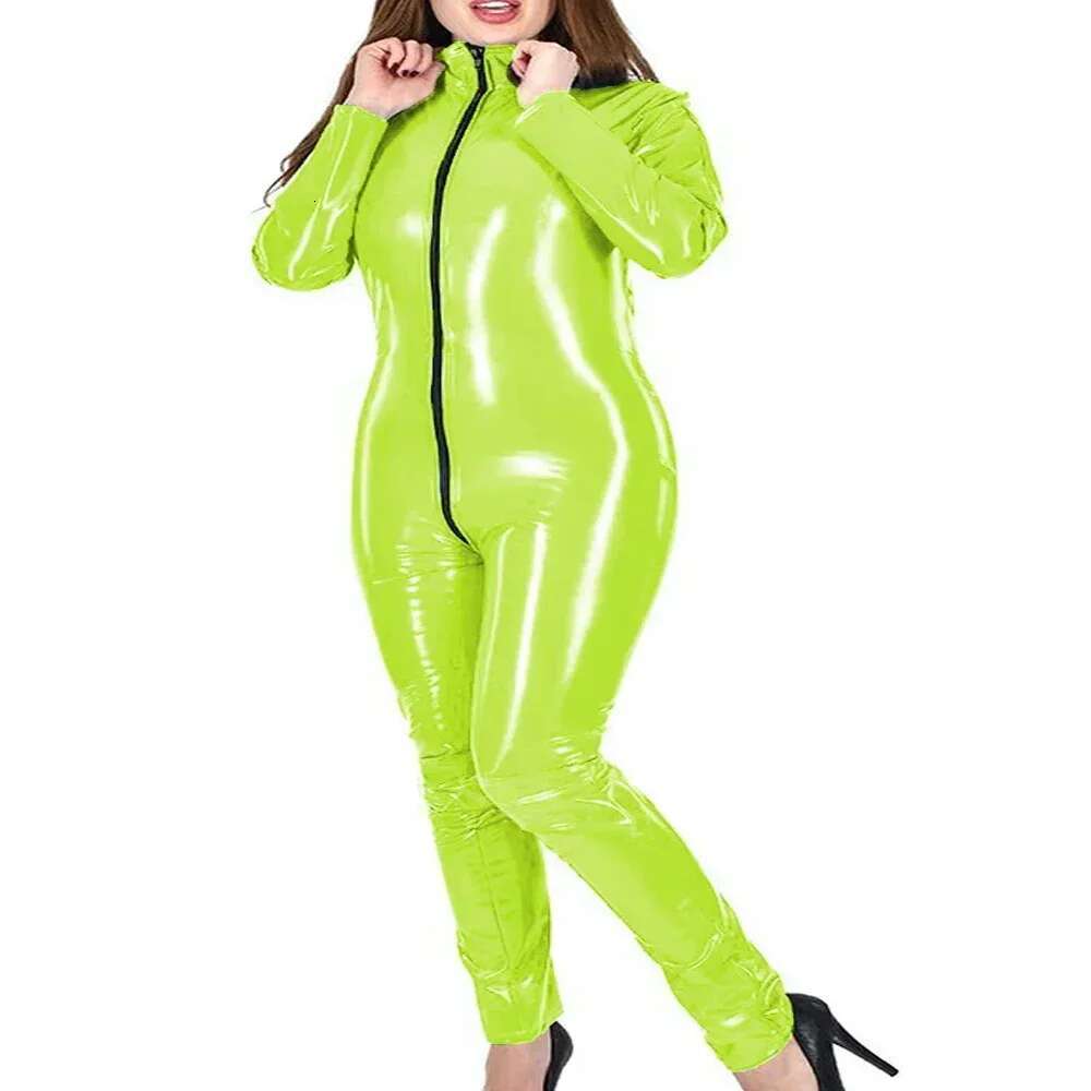 Plus Size Bodycon Women Jumpsuits Long Sleeve Front Zip-Up Catsuits Sexy Open Crotch Playsuits Glossy PVC Leather Solid Clothes