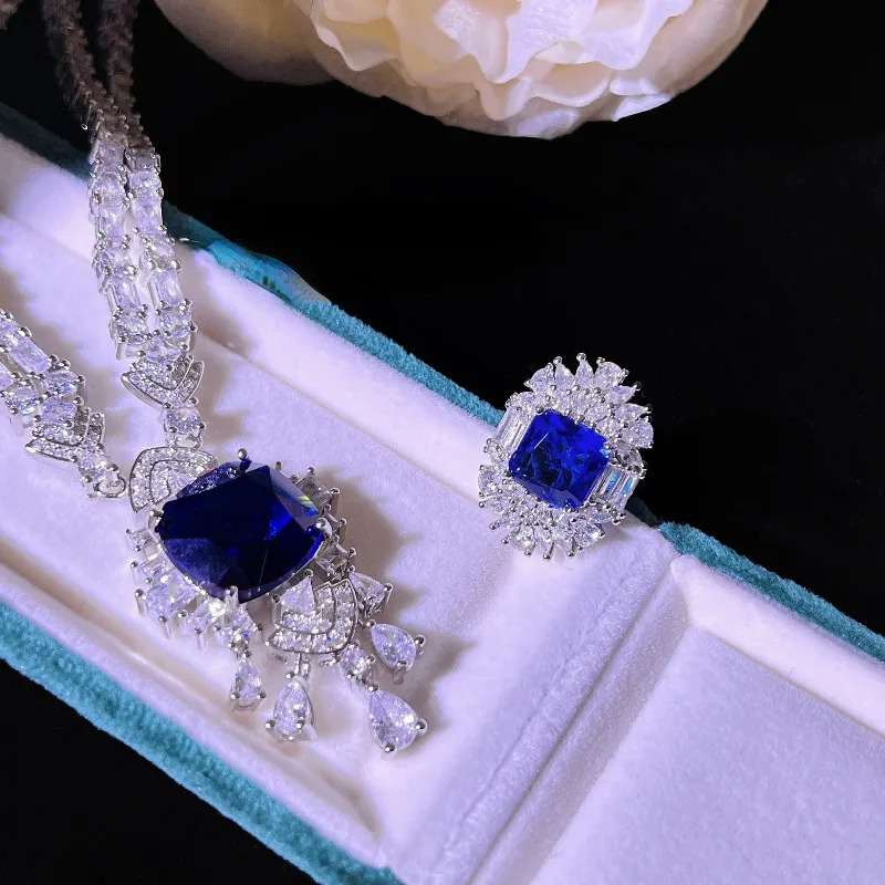 Vintage Lab Sapphire Diamond Necklace 925 Sterling Silver Engagement Wedding Chocker Necklace for Women Bridal Promise Jewelry 250106