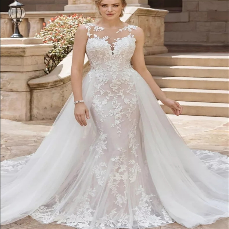 Luxury Mermaid Wedding Dress With Detachable Train Plus Size Lace Civil Boho Bride Dress Removable Tail Garden Bridal Dress Bespoke Vestio De Novias 2