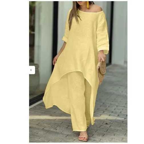 Womens Clothing Linen And Cotton Suit Long Sved Top Oversized Pants 2024 Informal Party Set Womens 2-piece SetXJ250106