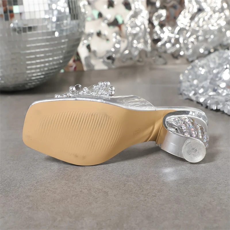 Eilyken Fashion Pearl Wer Women Slippers Design Style Square Toe Crystal Round Heels Shoes Summer Slides Atos De Mujer