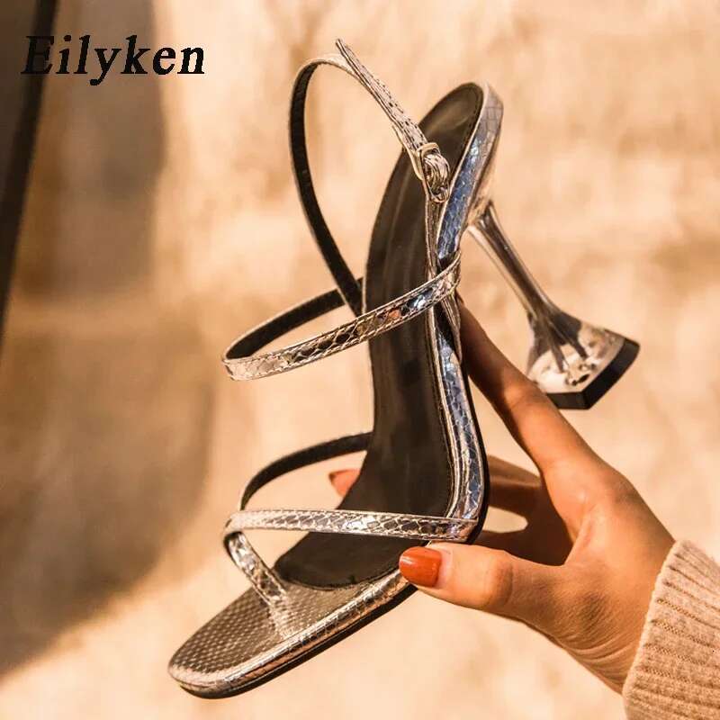 Eilykenfashion Sier Snake Grain Transparent Perspex High Heels Sandals Women Sexy Square Clip Toe Ankle Buckle Strap Shoes