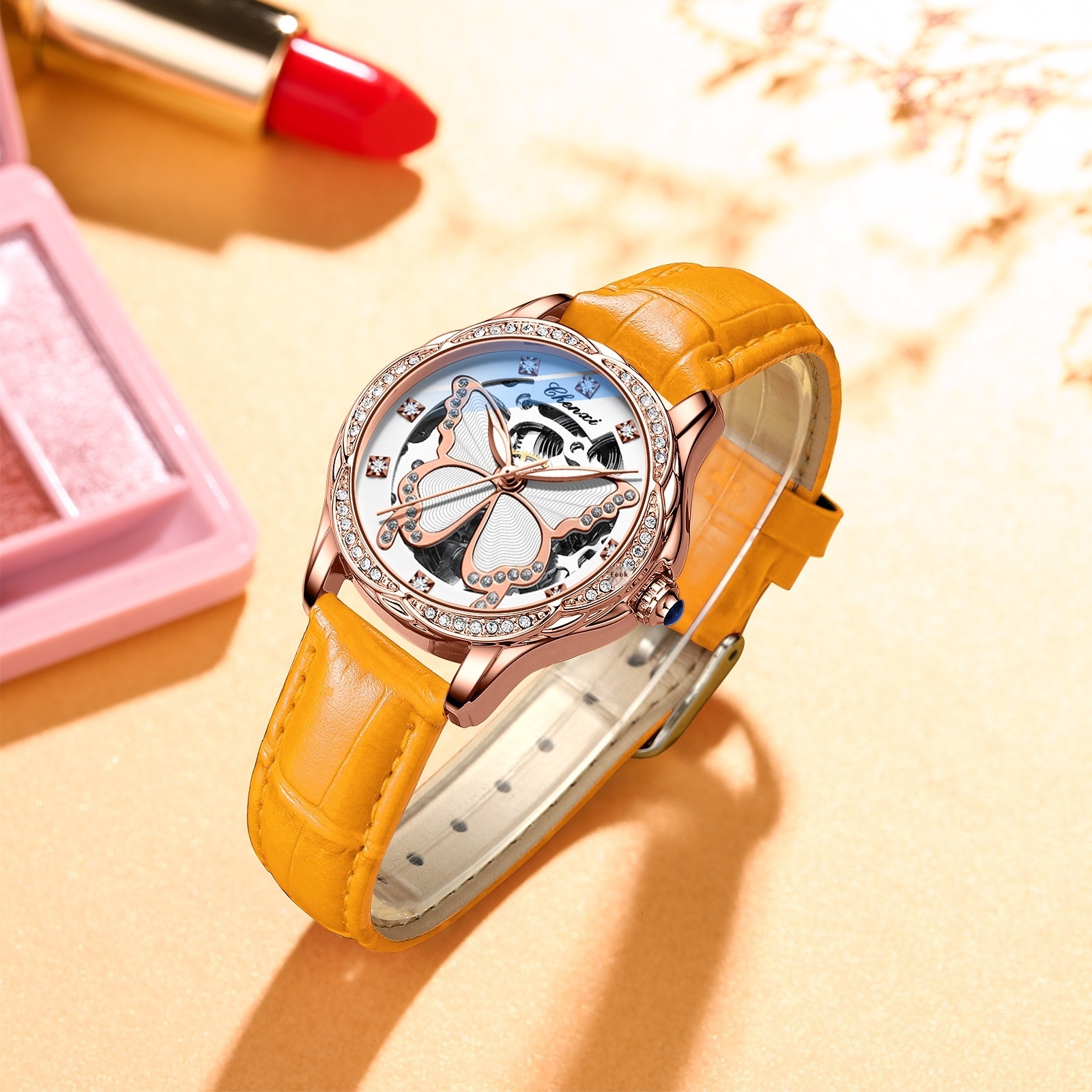 Luxury Automatic Mechanical Watch with Orange Butterfly Dial and Diamond Accents for Women