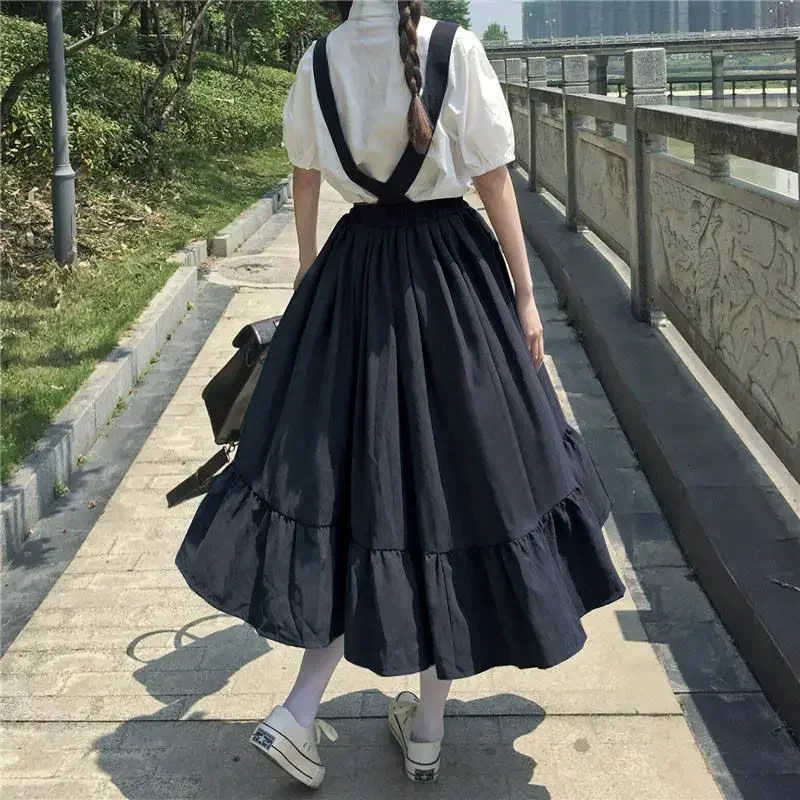 Sweet Women Skirt Preppy Style Strap Long Ruffles Loose Cute Student Casual Female Skirts 250106