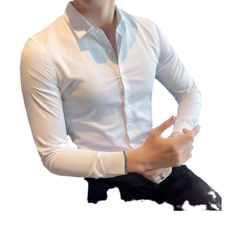 Elastic long sleeved shirt slim fit black shirt business casual professional formal dress work shirt mens