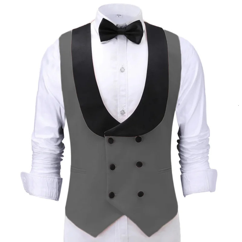 Men Vest Beige With Black Lapel Double Button Waistcoat For Banquet Birthday Wedding Business Work Formal Set Suit 250107