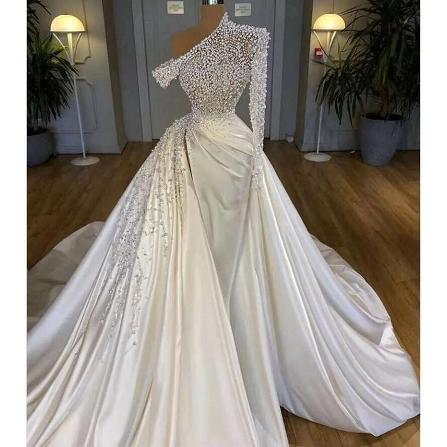 2023 Sexy Dubai Mermaid Wedding Dresses Illusion Pearls Beadings One Shoulder Satin Long Sleeve Overskirts Plus Size Bridal Gowns Vestidos De Novia