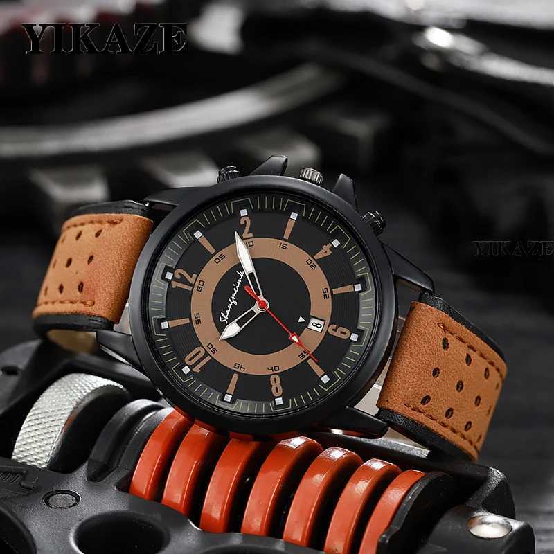 YIKAZE Retro Mens Watches Calendar Military Men Quartz Wristwatch Large Dial PU Leather Strap Bracelet Watch for male StudentX250107