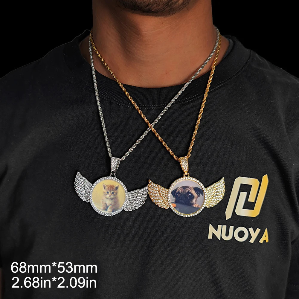 Drop Hip Hop Personalized Pendant Bling CZ Memorial Picture Necklace Po Custom Angel Free Engrave Wing Pendants 250107