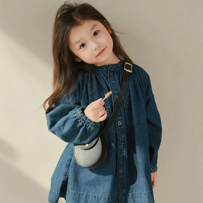 Fall Kawaii Girls Denim Dress Casual O Neck Single Breasted Children Dress Loose Fashion Long Sleeved Toddler Mini Dress 250106