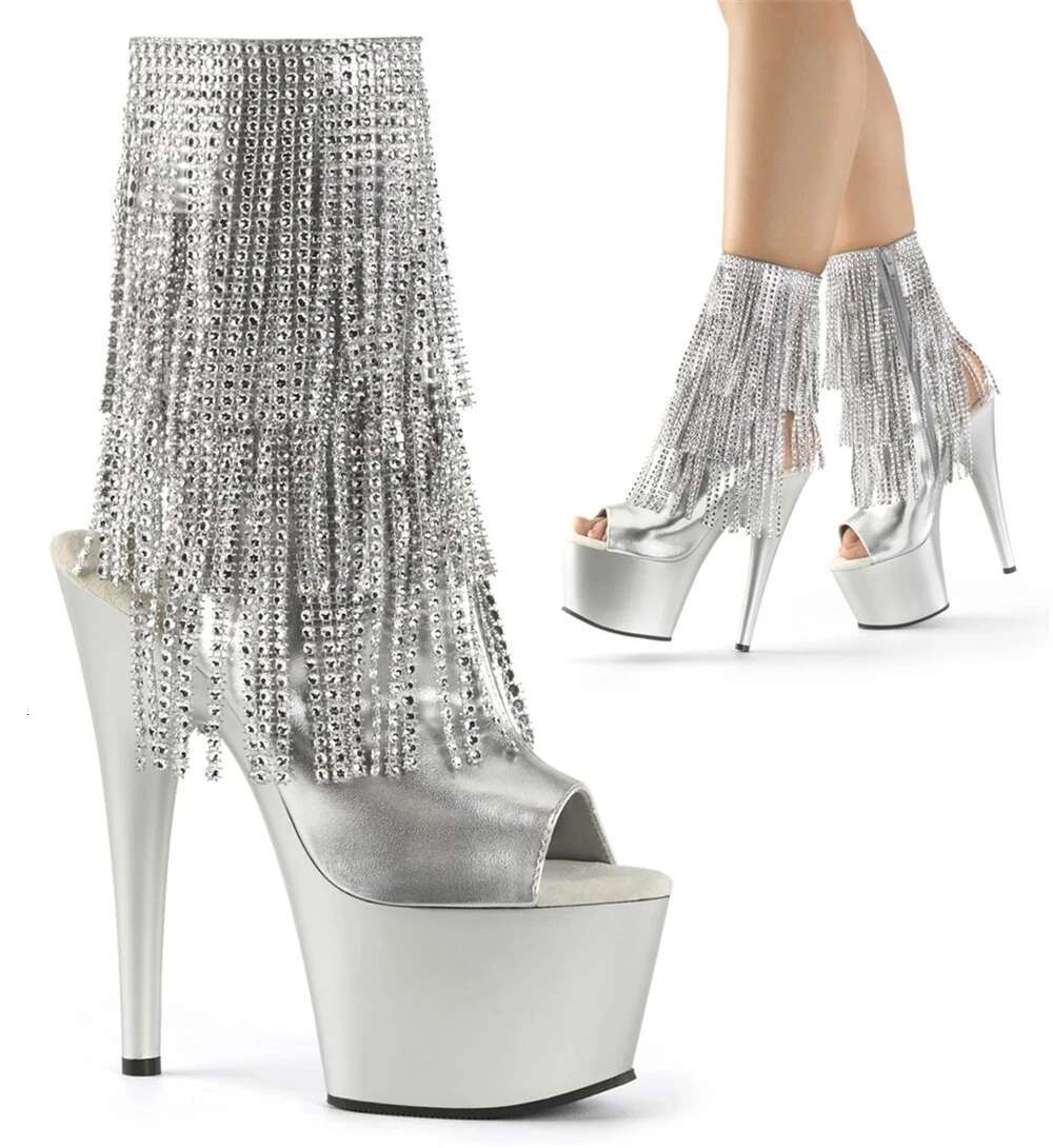 Brand Electroplated Tassels Pumps 17Cm Thin High Heels Ankle Boots Pole Dance Nightclub Model Catwalk Platform Women's Shoes
